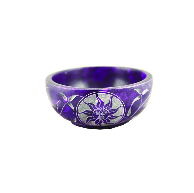 Hand Carved Soapstone Smudge Bowl - Purple Sun